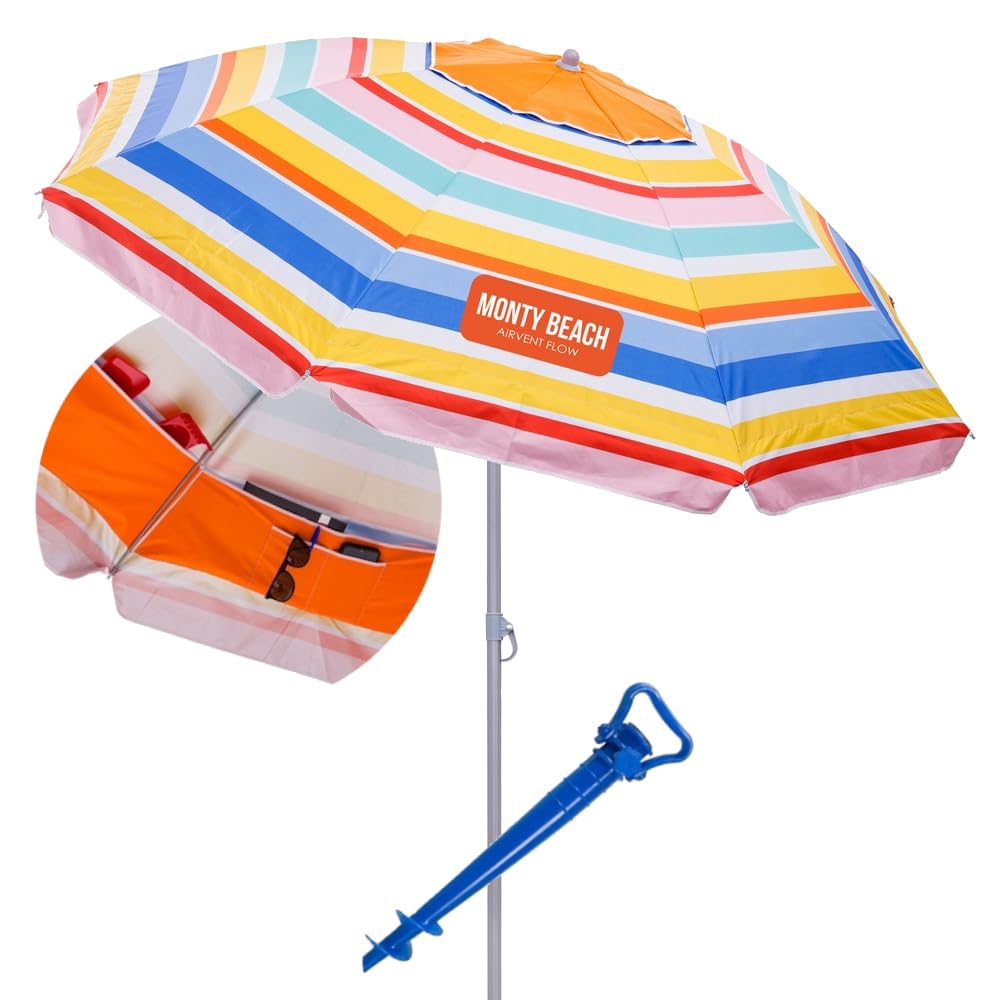 MONTY Sombrilla playa con soporte arena, bolsillos interiores, multicolor, revestimiento plateado UPF+50, techo antiviento, varillas flexibles fibra vidrio, mástil inclinable, regulable altura