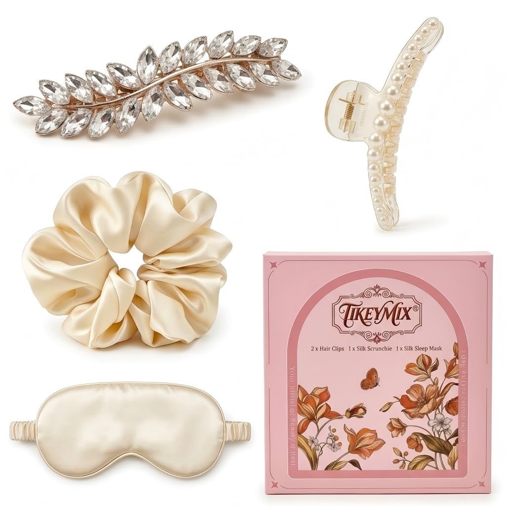 TIKEMIX 4Pcs Birthday Hair Clips Gift Set, Includes Pearl Claw Clip, Crystal Barrette, Silk Scrunchie & Sleep Mask, Cute Hair Accessories Gift Box for Friends Daughter
