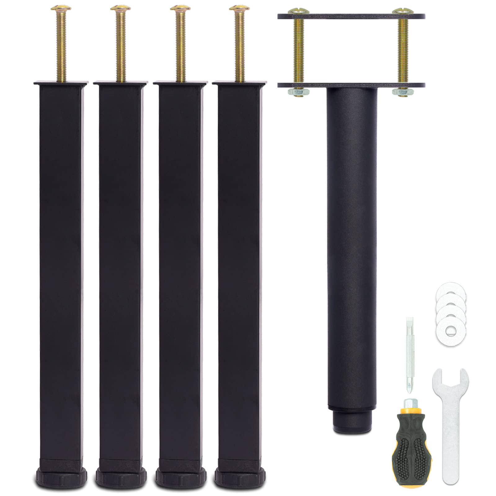 Pied de Lit 30 cm à Visser, Pied Sommier à Lattes Universel, Reglable en Hauteur, Metal, Carré + Rond, Boulons M8, pour le Cadre Métallique d’un Sommier Adulte, Noir, Lot de 5 (4 Latéraux + 1 Central)