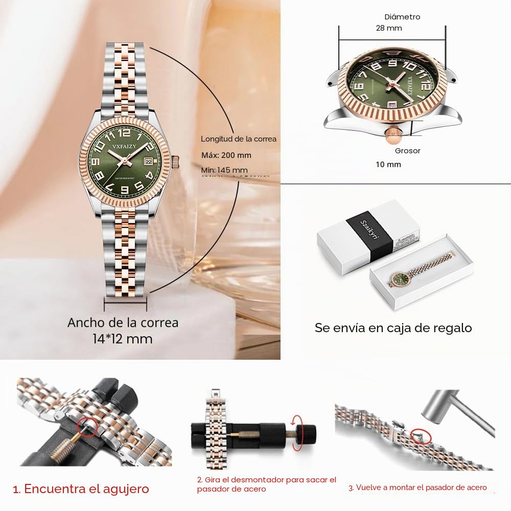Mujeres Clásico Fácil Lectura Tiempo Reloj Cálendar para Mujeres Resistente a Agua