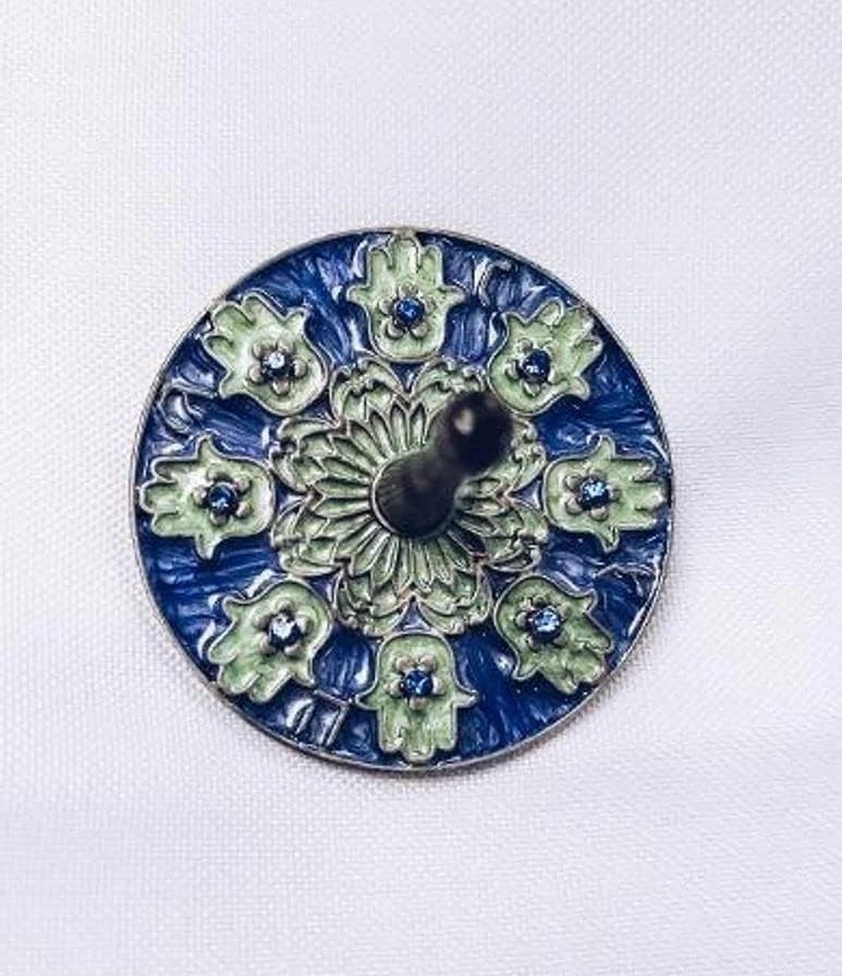 Hamsa Dreidel on Antique Silver Oxide Metal in Blue and Green