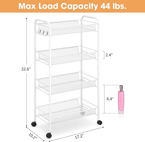 Miniatura 6 de TOOLF Carrito rodante de 4 niveles, carrito de metal con 3 ganchos, carrito de almacenamiento móvil fácil de montar sobre ruedas, estanterías de