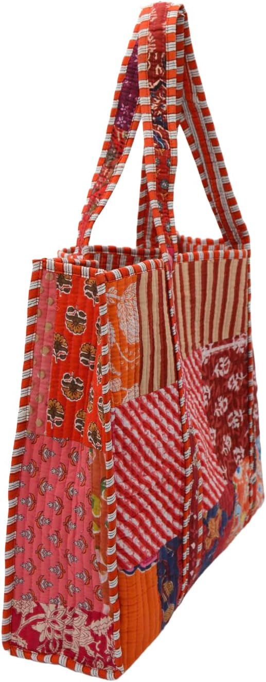Handmade Quilted Cotton Travel Tote Bag with Block Print Design with Patchwork