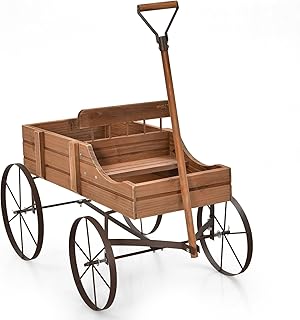 Wooden Wagon Planter, Decorative Flower Pots w/ 2 Planting Sections, Wheels & Handle, Rustic Farmhouse Garden Planter Box for Patio, Yard, Porch (Walnut)