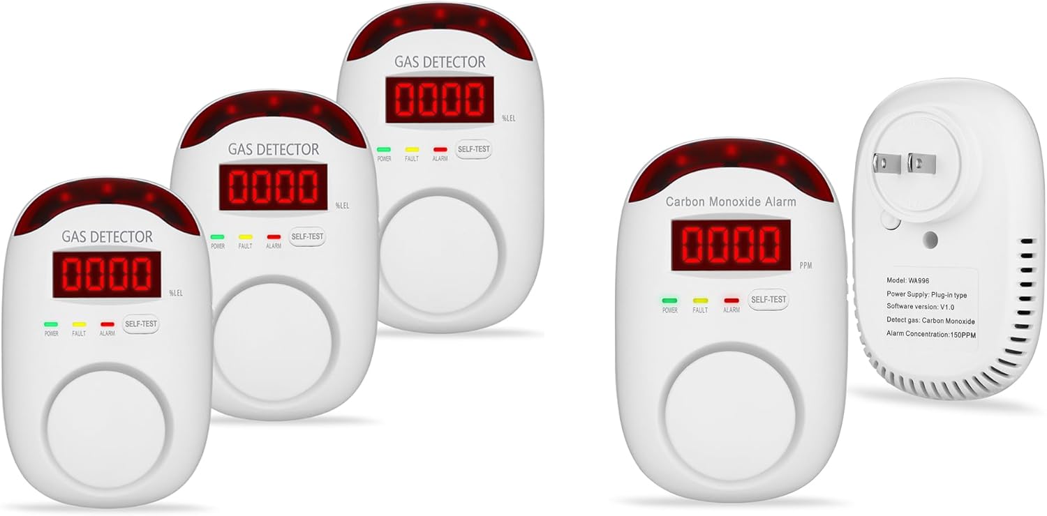 WA886 3 Packs Natural Gas Detector Plug in + WA996 Carbon Monoxide Detector Plug in