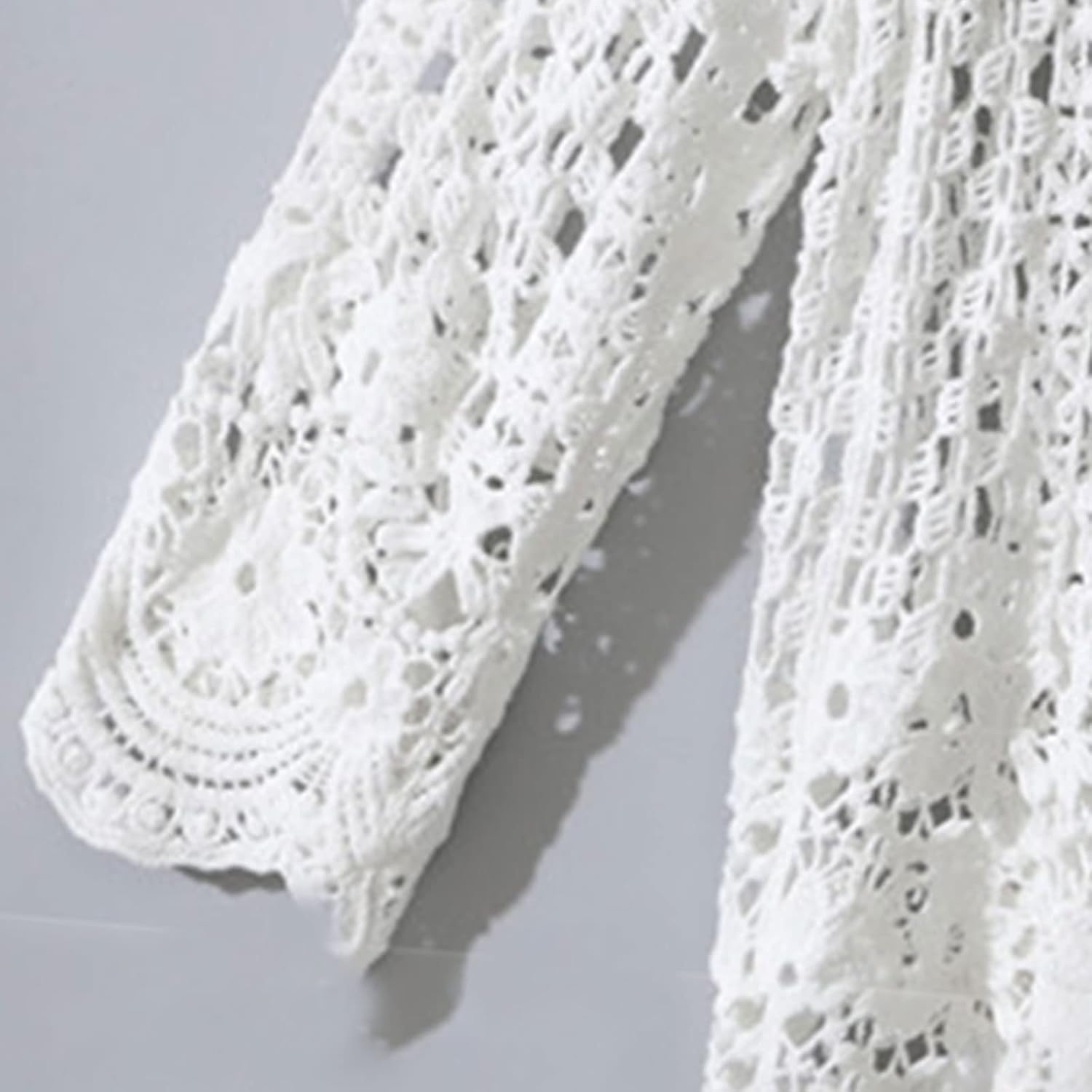 Women's Summer Long Sleeve Cardigan Hollow Out Crochet Knit Floral Cover Up Open Front Scalloped Mesh Beach Shrug Coat Beige - Image 2