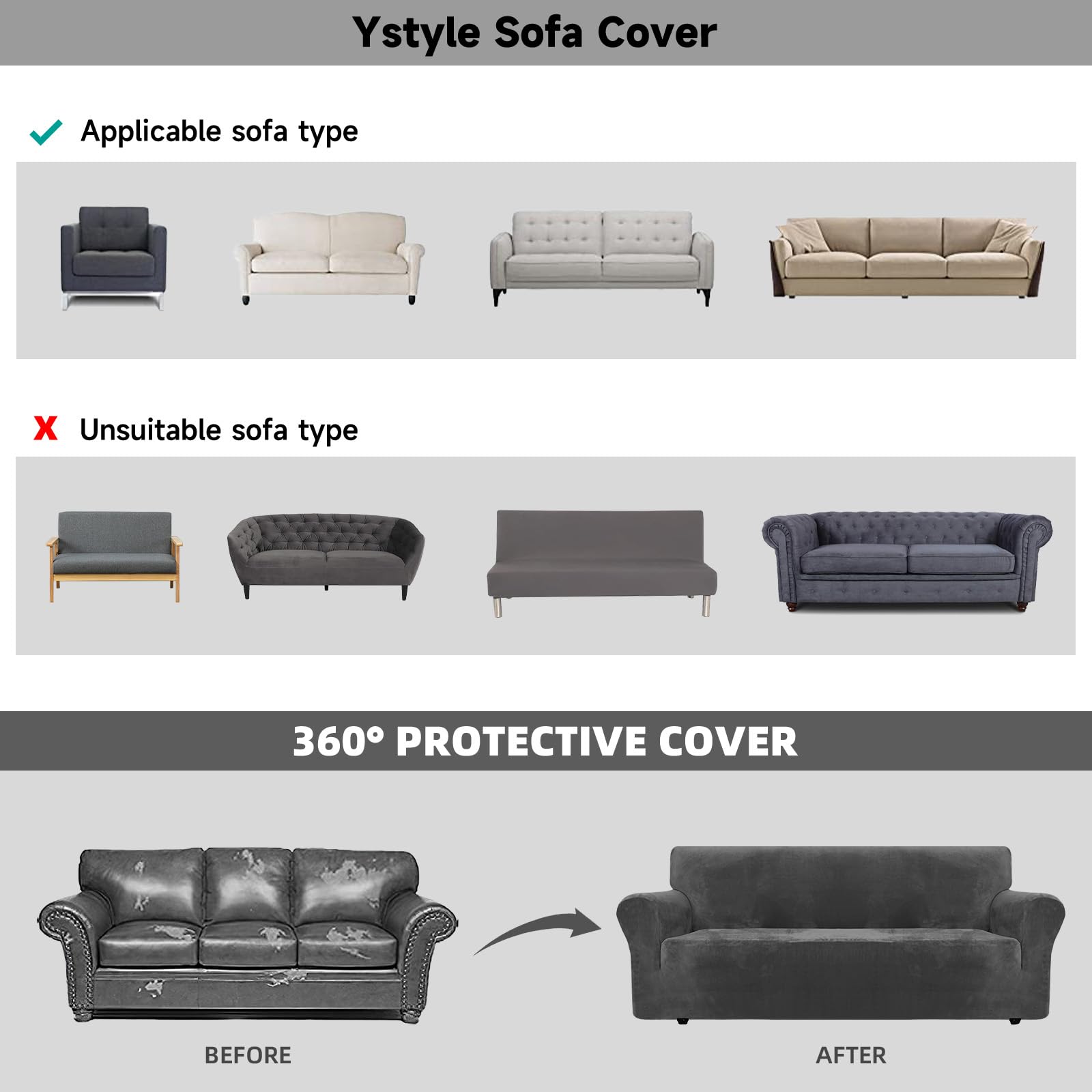 Ystyle Housse de Canapé en Velours, Housse de Canape 3 Places, Gris | Housse pour Canapé Extensible, Universelle Sofa Cover avec Accoudoirs, Protection Canapé Chat Chiens Griffures