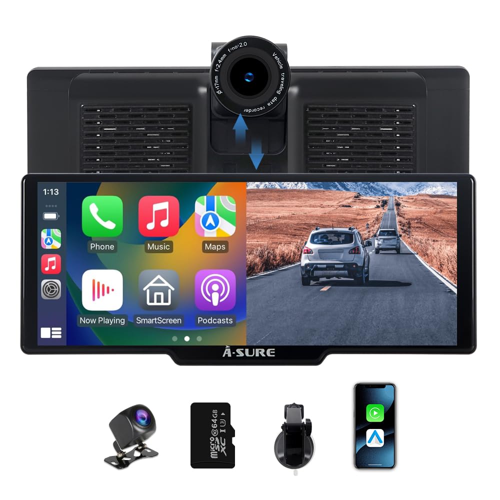 ACAVICA Schermo CarPlay Auto 9.26" Wireless CarPlay & Android Auto - Dashcam 4K, Retrocamera 1080P, TF 64GB, Bluetooth 5.0, WiFi 5GHz, Split Screen - Display multifunzione per auto 12-24V