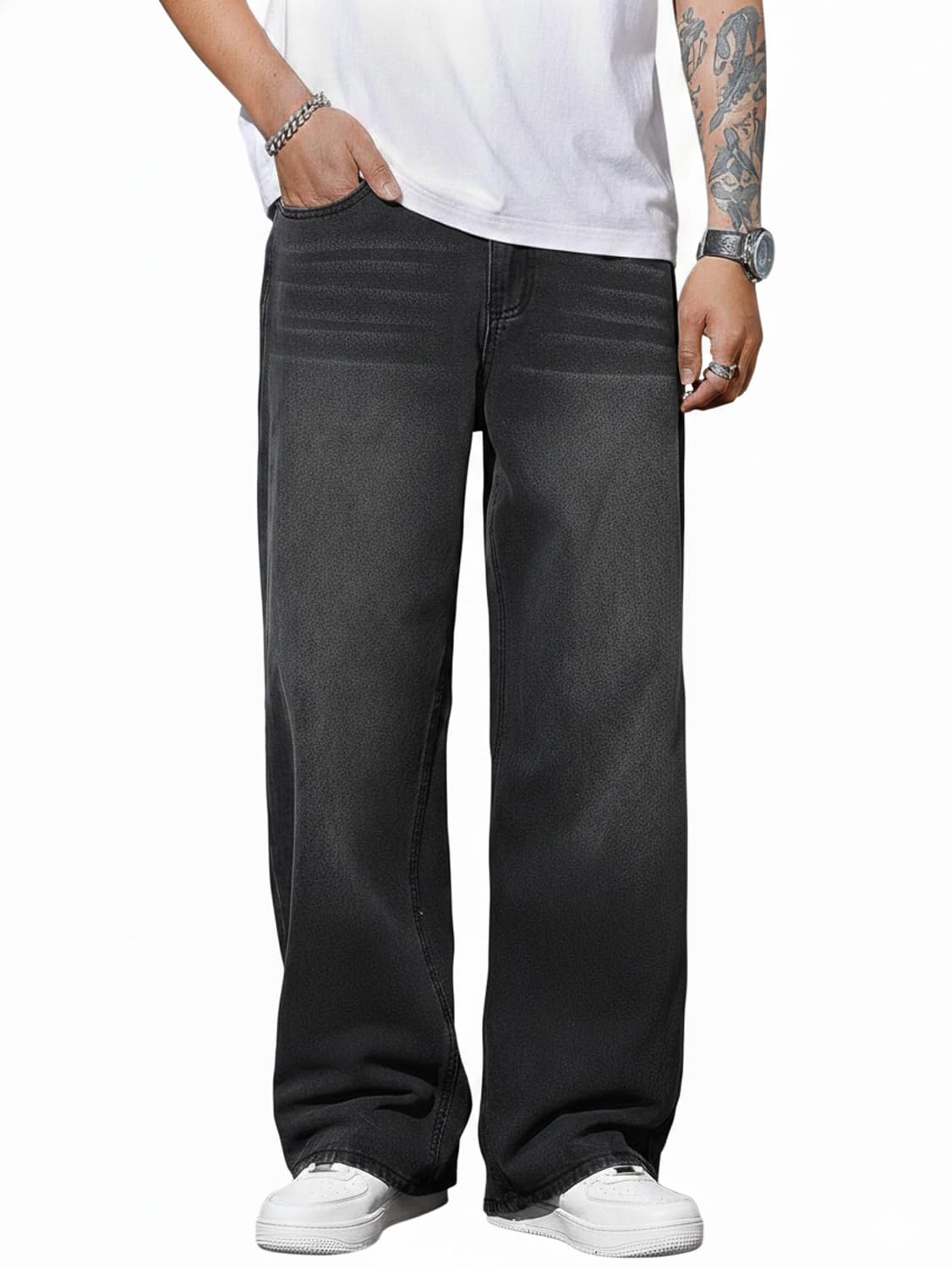 Straight Fit Men Black Jeans| Loose Fit Men Jeans | Mid-Rise Waist| Whiskers-image-39