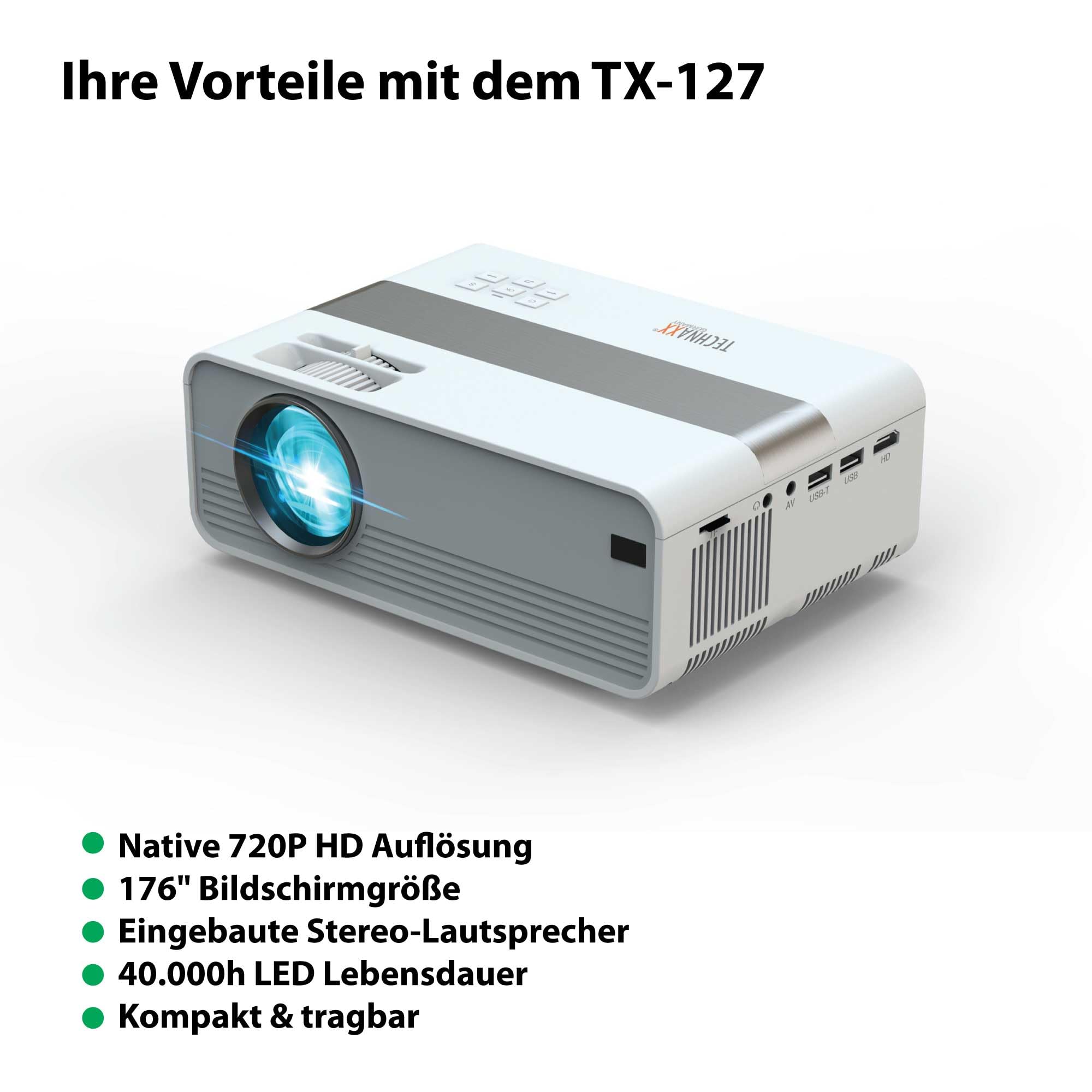 Technaxx Mini-LED HD Beamer – Tragbarer Projektor für Heimkino, Präsentationen & Gaming – Native 720P Auflösung, 176" Display, 40.000h LED Lebensdauer, HDMI/USB/VGA/AV/SD-Anschlüsse - TX-127