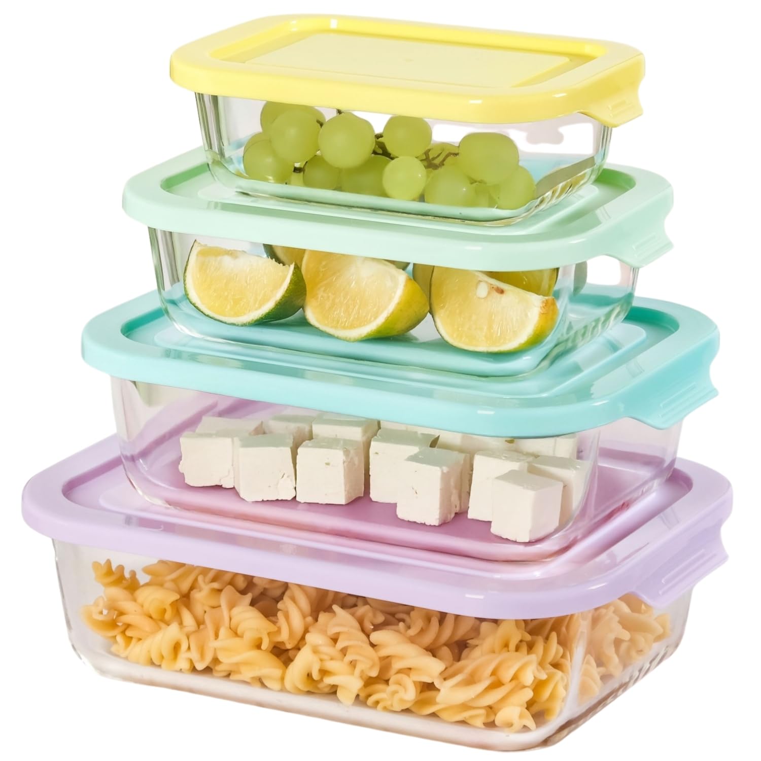 Nestasia Transparent Glass Containers with Lid Set of 4 (S-370ml, M-600ml, L-1000ml, XL-1500ml) | Borosilicate Glass Food Storage Containers for Kitchen | Microwave, Dishwasher & Freezer Safe