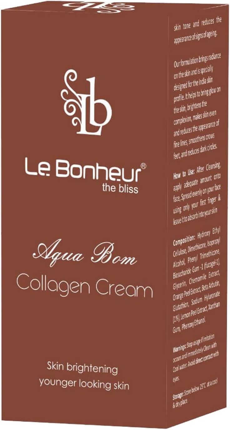 Le Bonheur Aqua Bom Collagen Cream | Deep Hydration Meets Youthful Glow | Marine Collagen, Vitamin E & A Cream for Bright Supple and Younger Looking Skin | 50gm