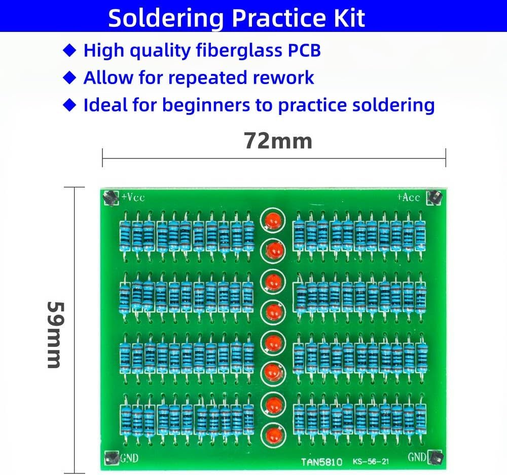 Through-Hole Device(THD) Soldering Practice Kit, Soldering Project Kit with 88 Resistors, 8 LEDs and PCB, Perfect for Electronics Enthusiasts & Beginners