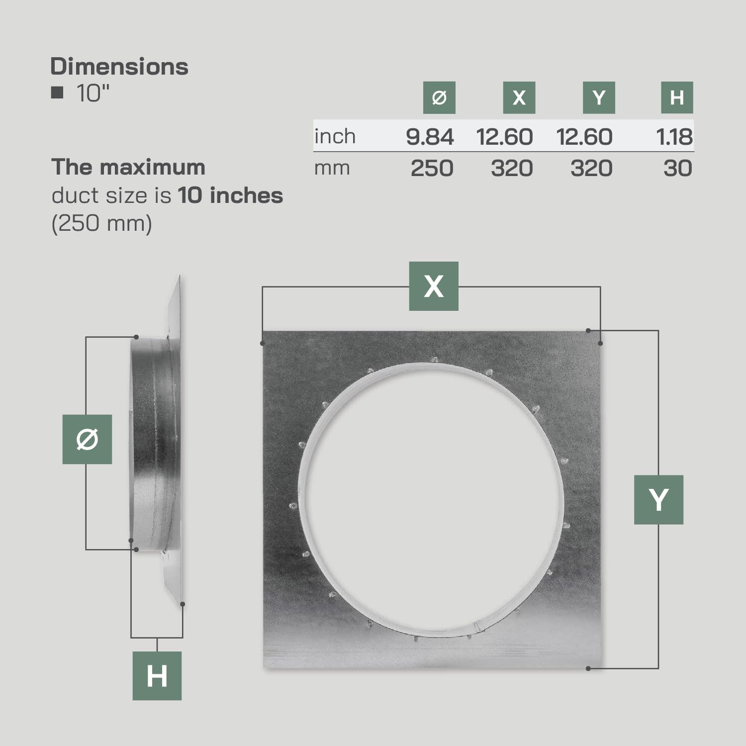 Vent Systems 10" Inch Duct Connector Flange with Square Spigot Wall Plate – Dryer Vent Adapter and Mounting Plate – Ideal for Seamless HVAC Ductwork Connections and Airflow Management