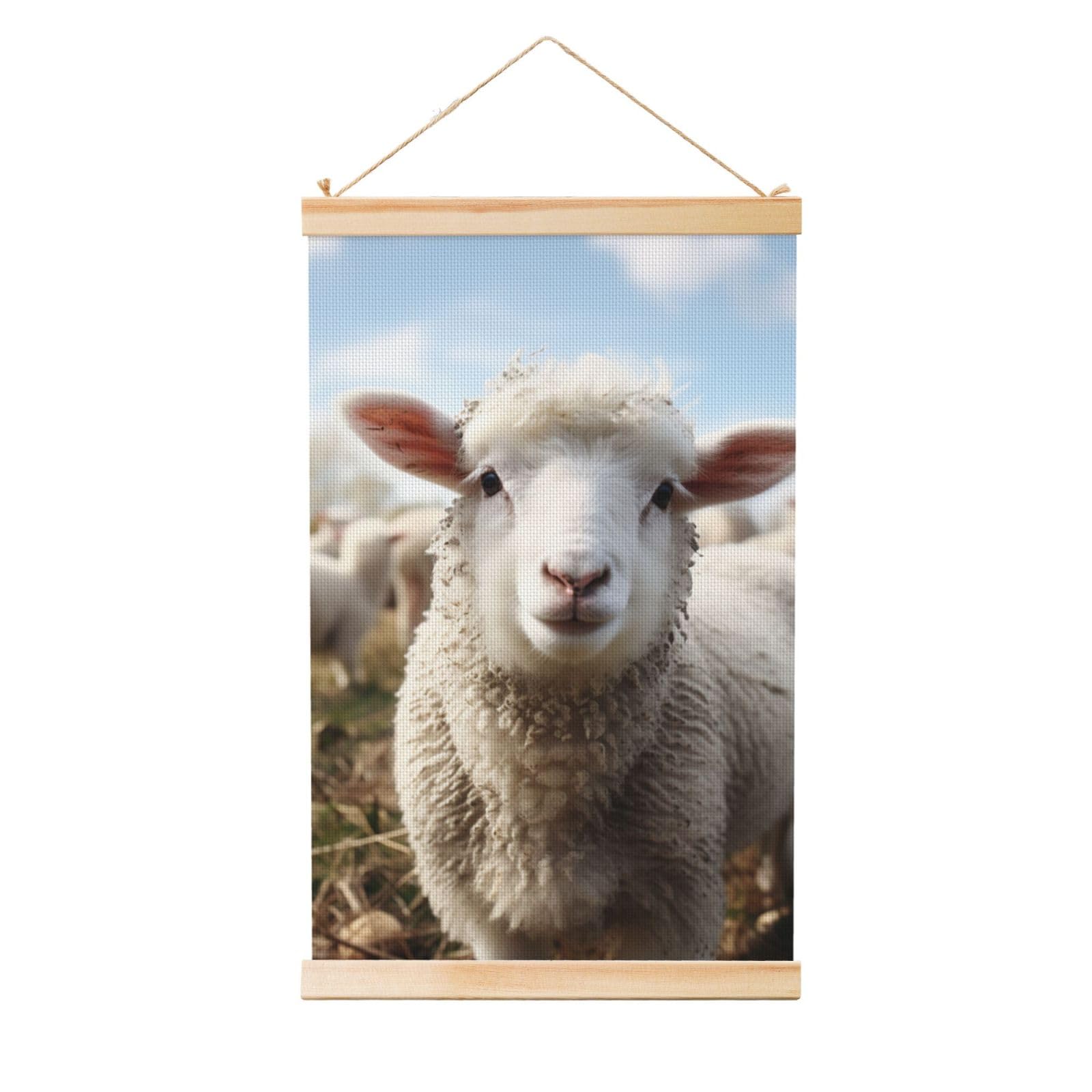 Cute Sheep Lamb Poster Wooden Shaft Hanging Poster Wall Hanging Banner Canvas Artwork with Wood Frames 16"x24" Modern Artwork Decor Ready to Hang Wall Art for Home Decor Scroll Painting