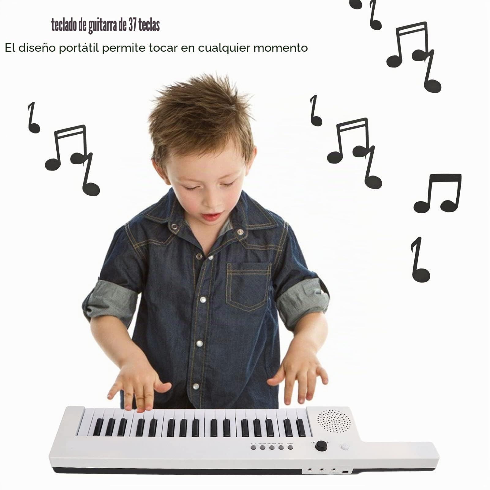 Teclado Electrónico De 37 Teclas Con Forma De Guitarra Portátil Órgano Con Correa Y Micrófono Integrado Batería De Litio Y 32 Notas De Polifonía Para Principiantes Y Niños (BF-3755 blanco)