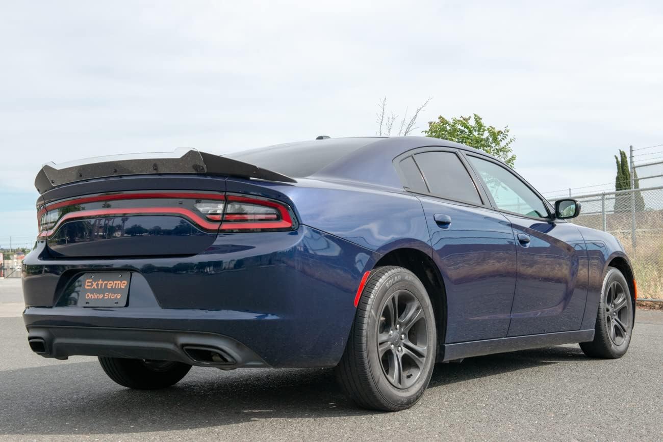 Replacement for 2015-Present Dodge Charger | SRT8 Hellcat Extended Style Rear Trunk Lip Wing with Wickerbill Spoiler (ABS Plastic - Primer Black)