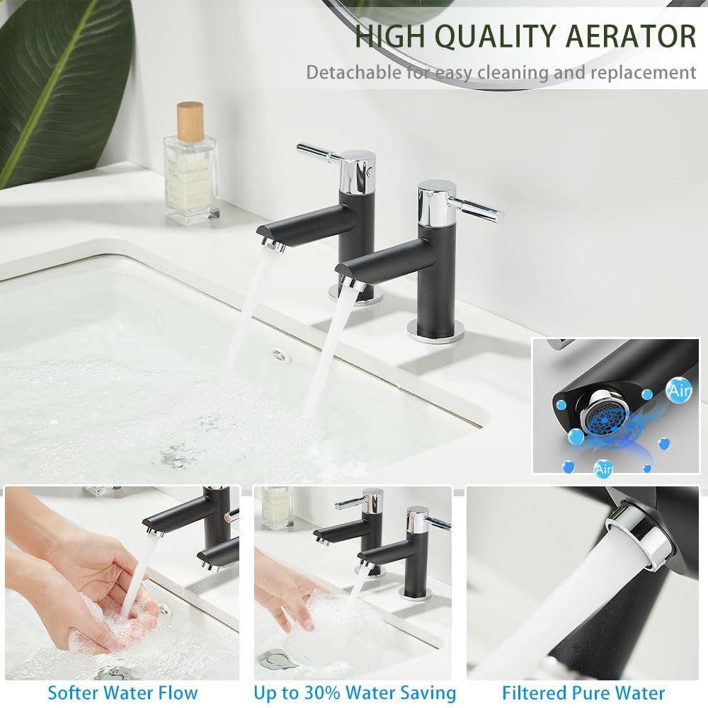 Maynosi Bathroom Basin Pillar Taps, Pair Basin Sink Mixer Taps, 1/4 Turn Washroom Pair Faucets, Twin Lever Modern Taps works - Image 4