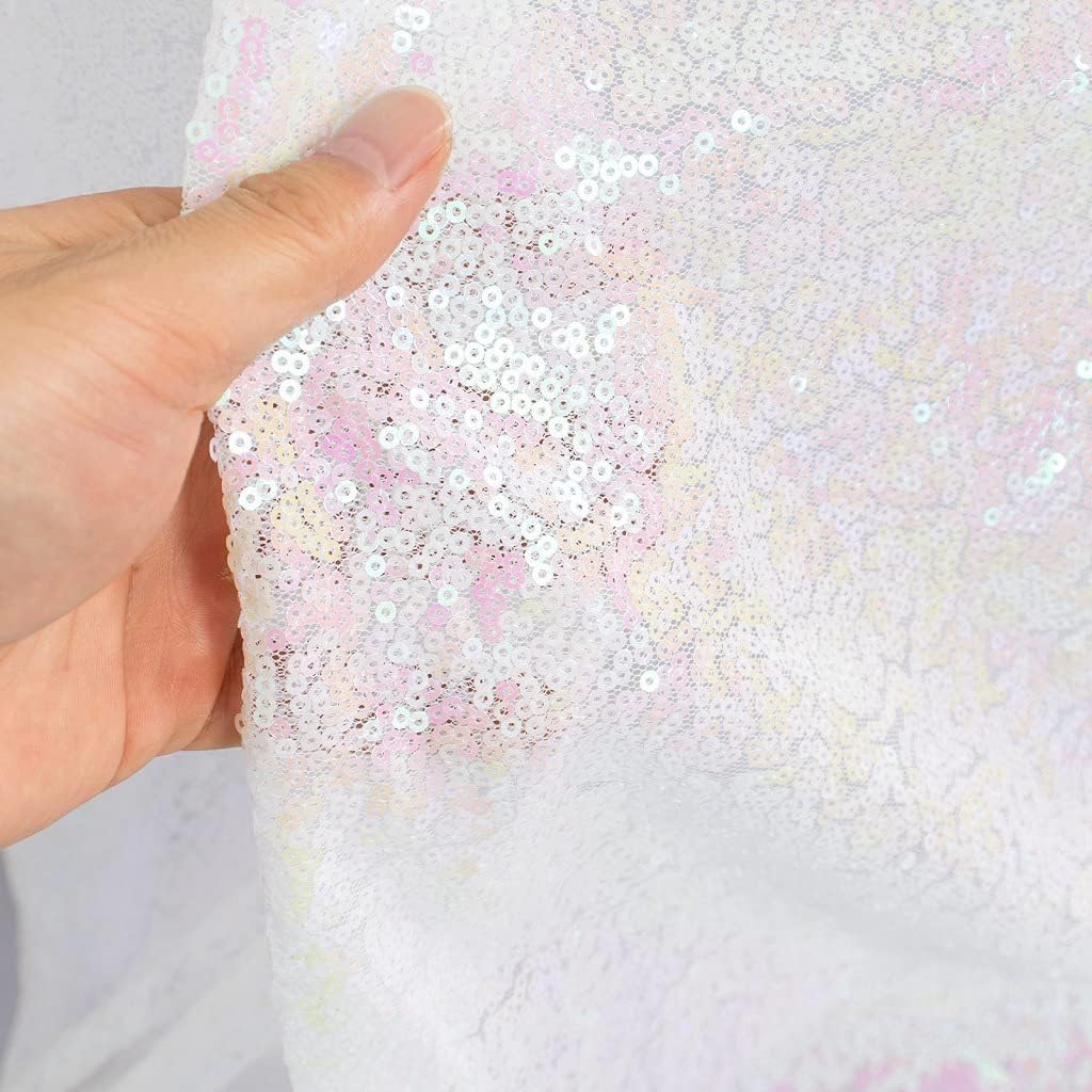 Partisout Sequin Fabric Glitter Fabric 3mm 5 Yards Sequin Fabric by The Yard Sparkly Fabric Little Mermaid Fabric Outdoor Sequence Material for Dress Clothing Wedding (5 Yards, Iridescent White)