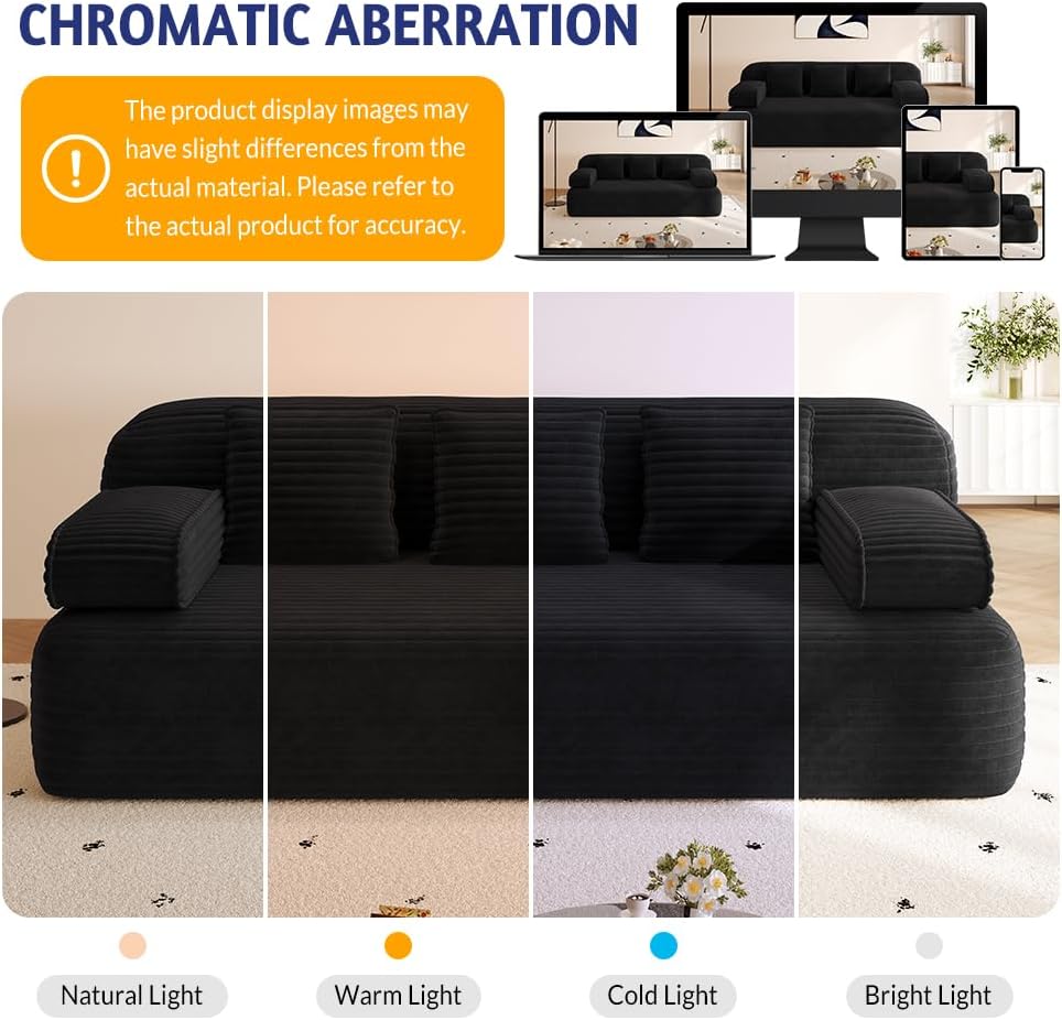 78.7'' Boneless Couches Queen, Corduroy Futon Sofa Bed, Modern Floor Couch, Cloud Convertible Sleeper Sofa Daybed, Comfy Loveseat, 3 Pillows, for Small Spaces, Living Room, Apartment, Black