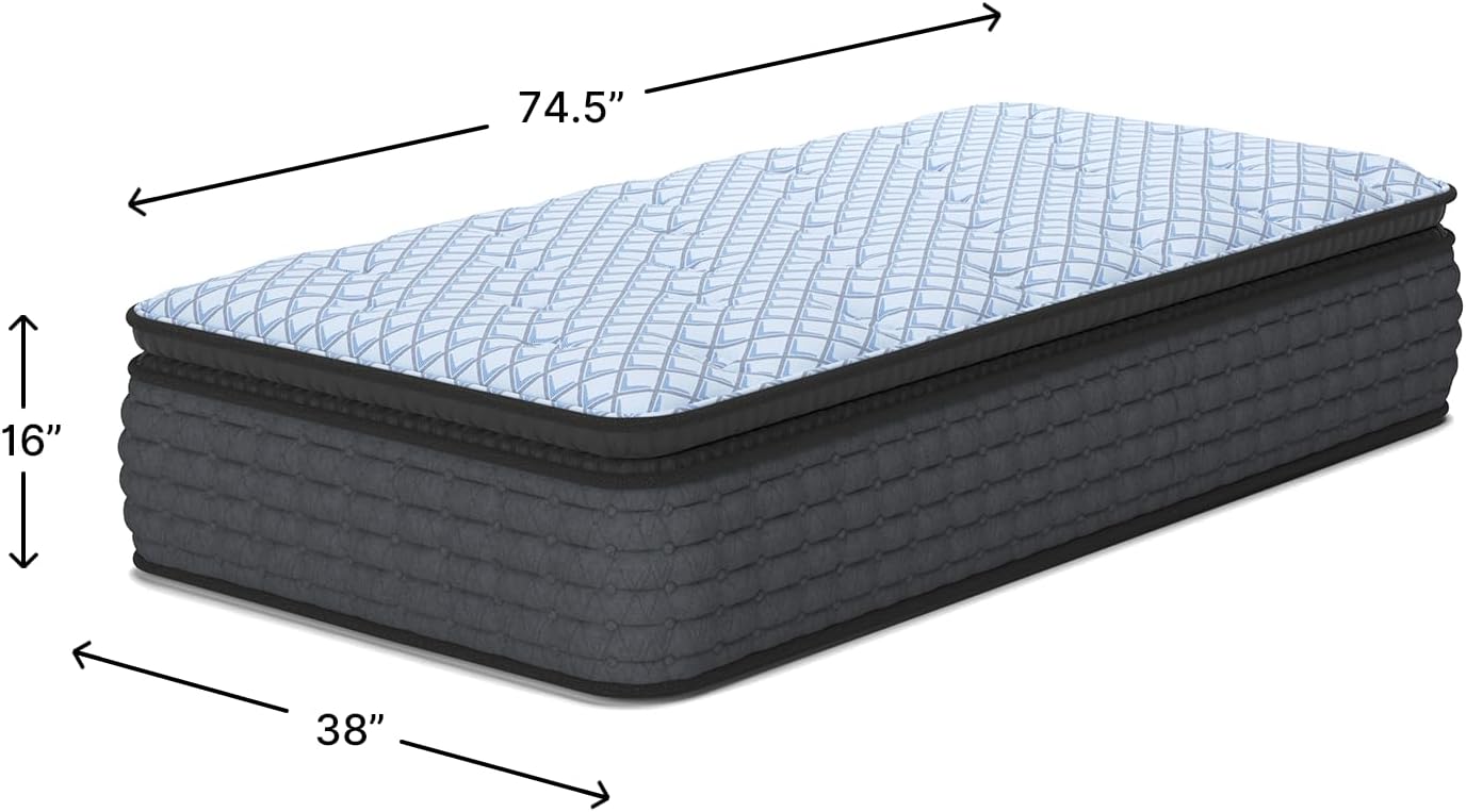 Signature Design by Ashley Twin Pillow Top Hybrid Mattress, 16 in | Plush comfort, Cooling knit cover, Memory foam and high-density foam, Wrapped coils with Ashley Edge, Destin Cove PT