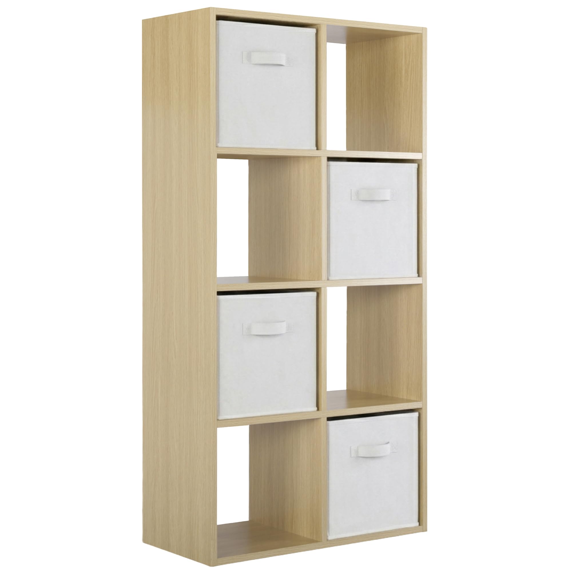 Charles Jacobs Modern Oak Effect 8 Cube Storage Shelving Unit + 4 White Fabric Drawers
