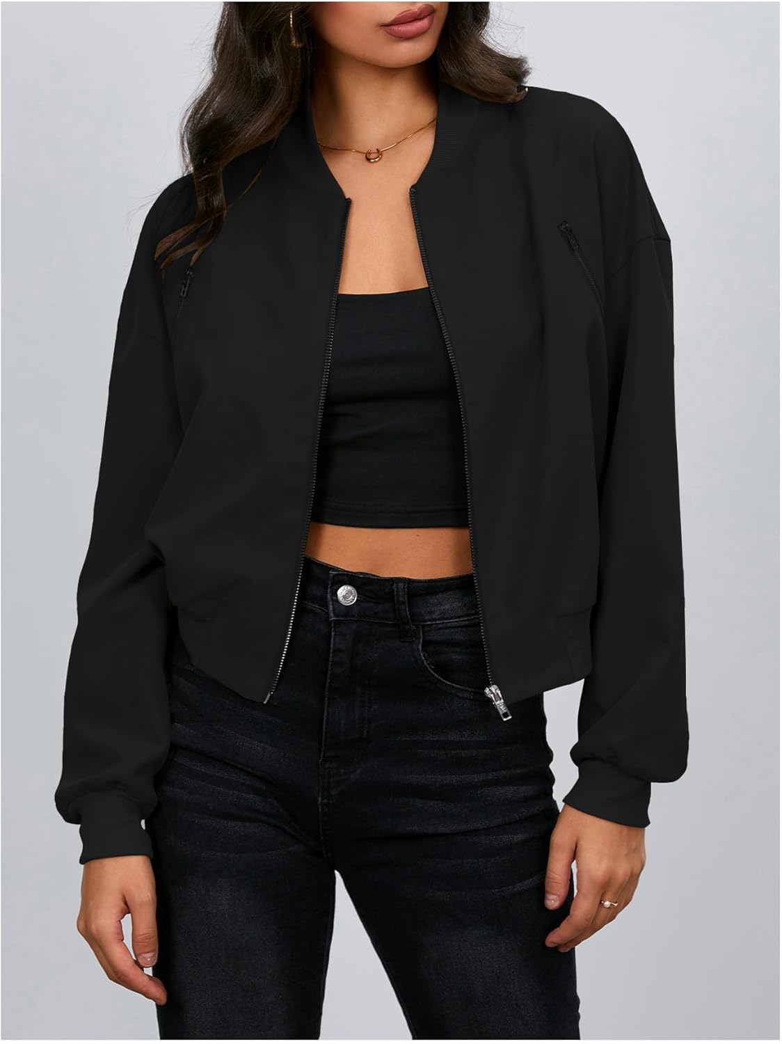 Verdusa Women's Cropped Bomber Jackets Casual Lightweight Jacket Zip Up Long Sleeve Coat Fall Jacket - Image 5