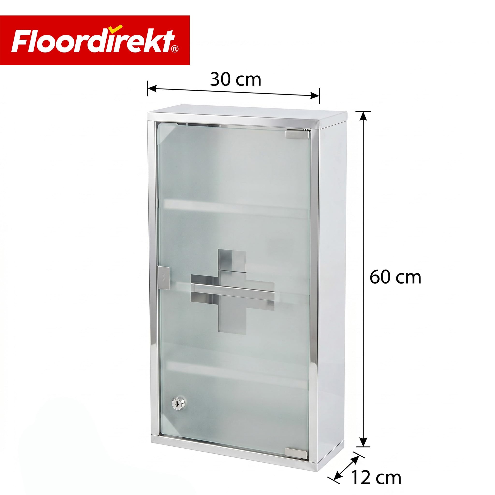 Floordirekt Armoire à pharmacie argentée 60 x 30 cm – 4 compartiments – Armoire à pharmacie verrouillable avec porte en verre dépoli, acier inoxydable ou métal blanc, armoire à médicaments pour salle