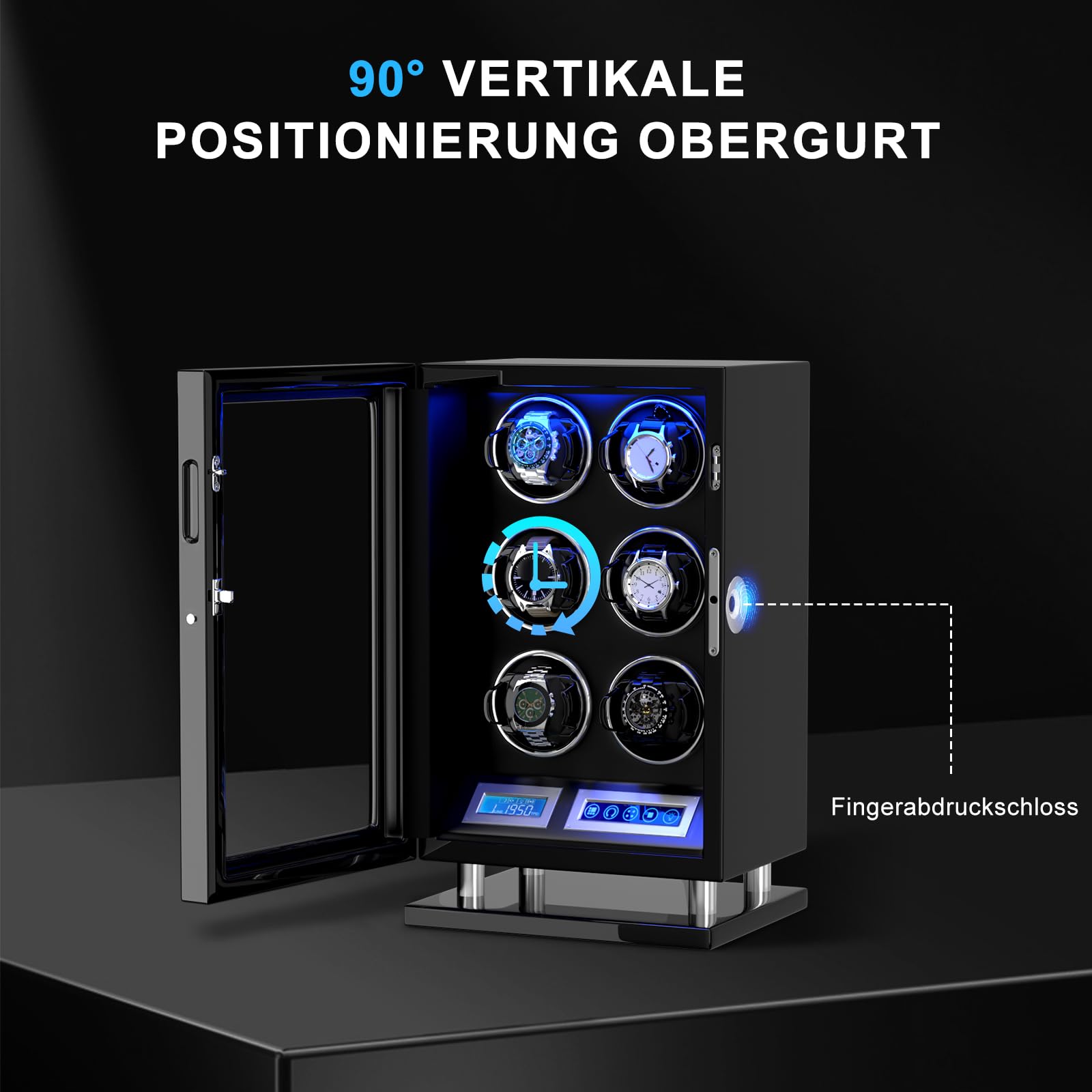 XTELARY Caricaorologi, blocco delle impronte digitali, caricaorologi automatico per 3/4/6/8/9/12 con schermo LCD, telecomando, LED blu, motore silenzioso e cuscino regolabile per uomini e donne