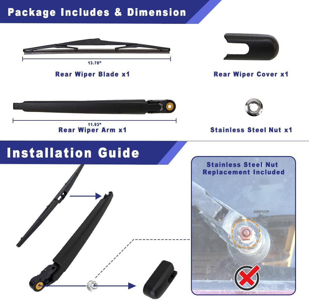 Rear Windshield Wiper Arm Blade Assembly Kit Compatible with 2004-2006 Lexus RX330, 2007-2009 Lexus RX350 Rear Window Wiper Replacement 85241-0E010, 85242-0E030, 85292-AE010