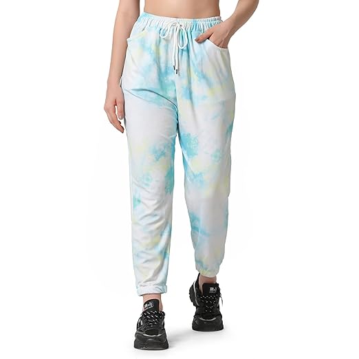 Women's Tie-Dye Joggers Strechable Pants Treggings|Regular Fit Casual Joggers for Women|Straight Relaxed Fit Trousers|Gym Capri Pants for Women Running Track, Yellow-Blue
