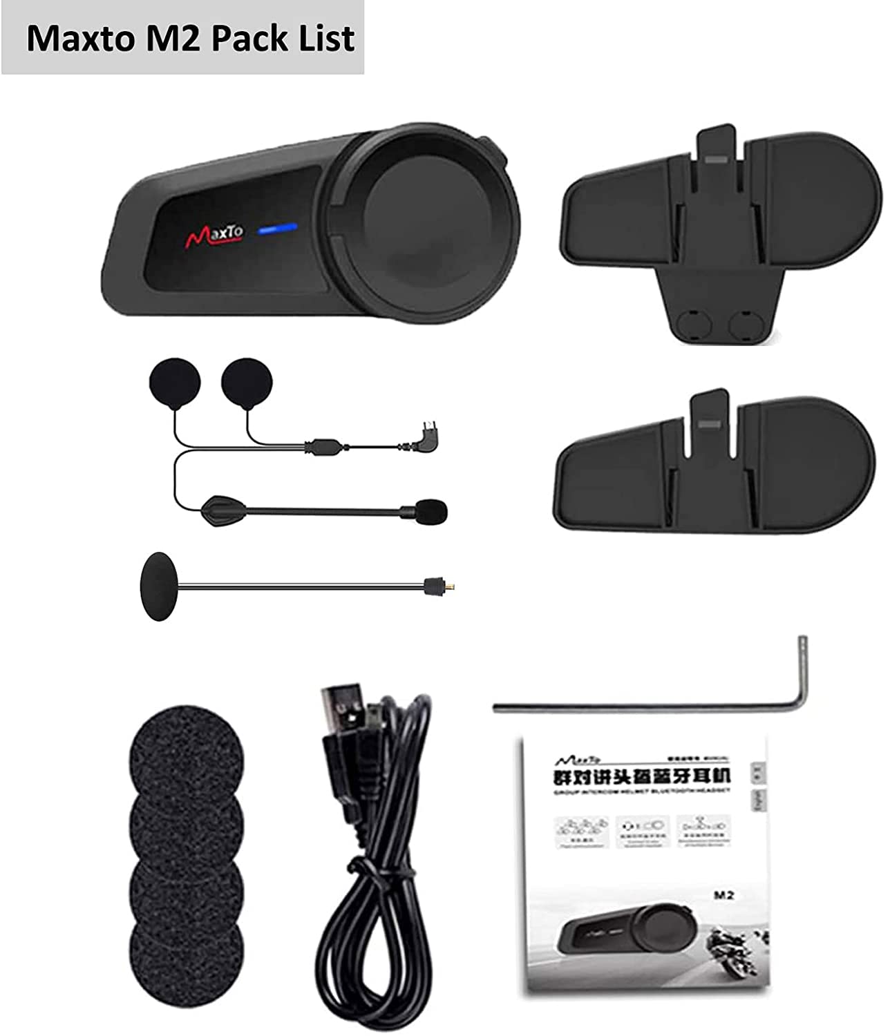 QSPORTPEAK Motocyklowy zestaw słuchawkowy Bluetooth, M2 1000 m, kask dla 6 jeźdźców, interkom Bluetooth, z redukcją szumów, radiem FM, uniwersalne systemy komunikacji motocyklowej do ATV, motocykla,