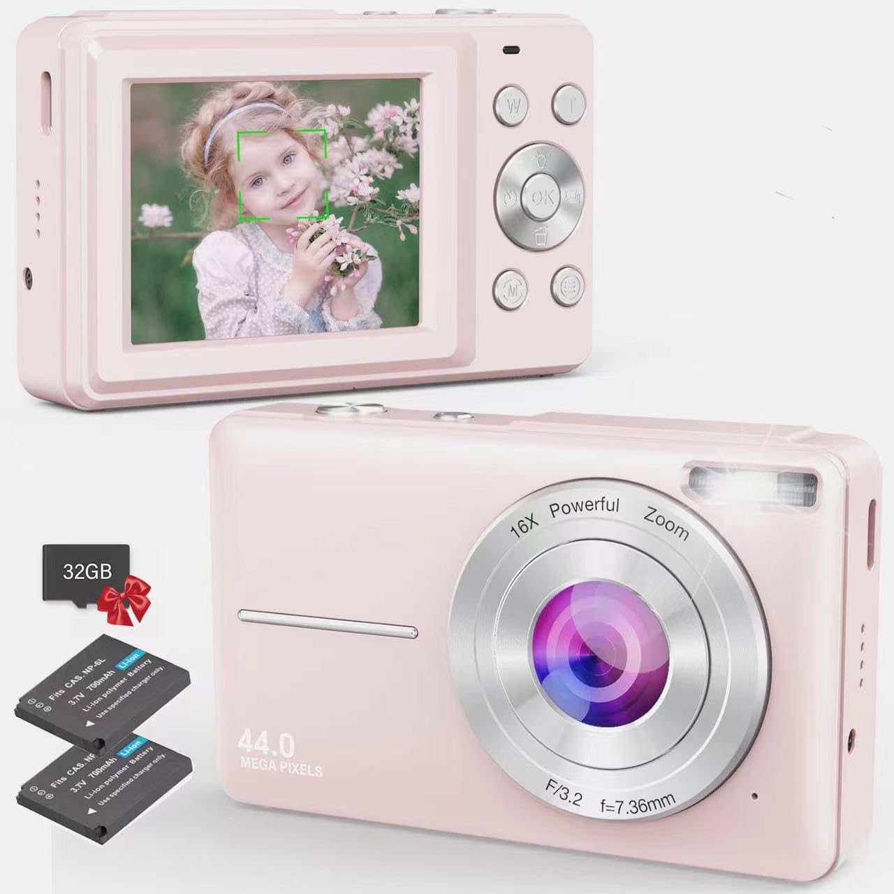 Digital Camera for Kids, FHD 1080P Point and Shoot Cameras with 16X Digital Zoom, 32GB SD Card, 2 Batteries, 44MP Vlogging Compact Small Camera for Teens, Boys, Girls