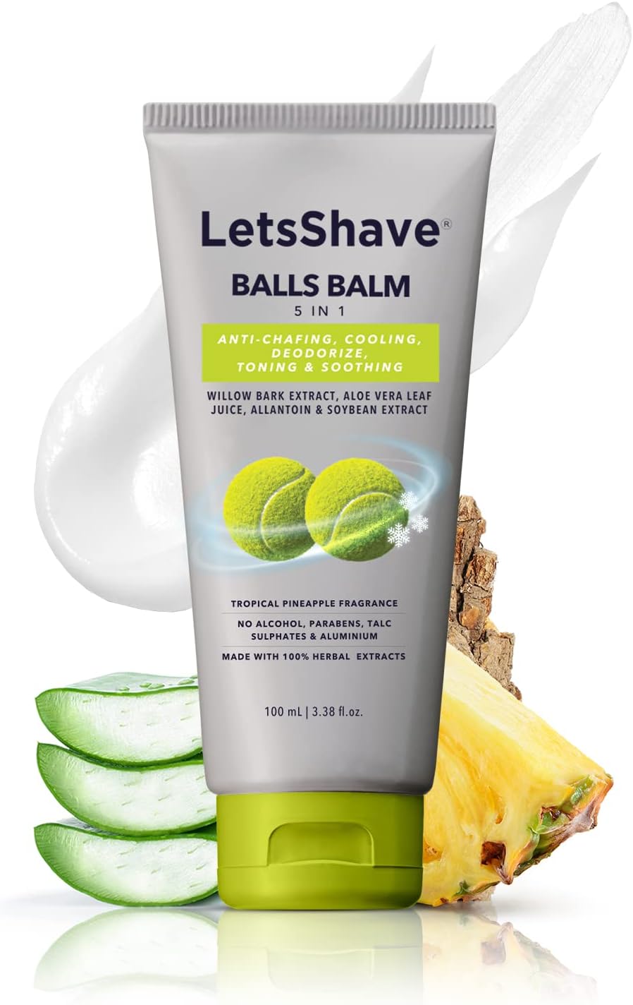 LetsShave Deodorizing Balls Balm for Men | Anti Chafing, Anti Irritation Balm for Balls | Infused with Aloe Vera & Soyabean Extract | 100% Natural Ingredients, Tropical Pineapple fragrance | 100ml