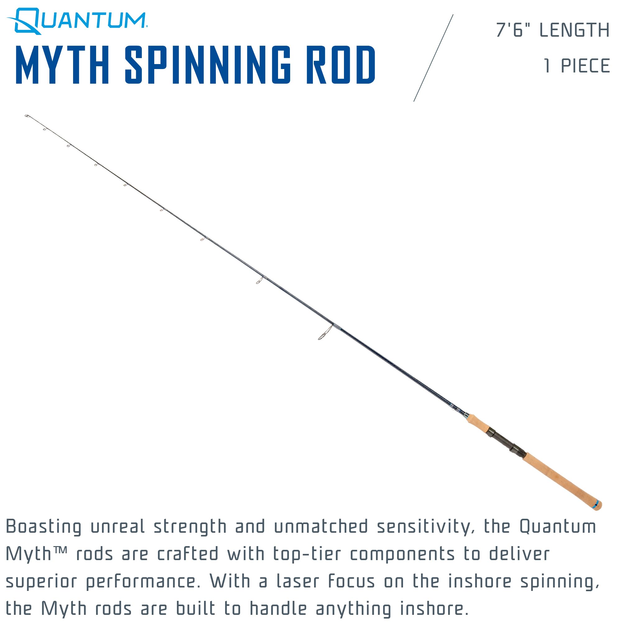 Quantum Myth Spinning Fishing Rod, 7-Foot 6-Inch 1-Piece, Medium-Heavy Power Moderate-Fast Action Rod, HXS30 Graphite Blank, Seaguide Line Guides