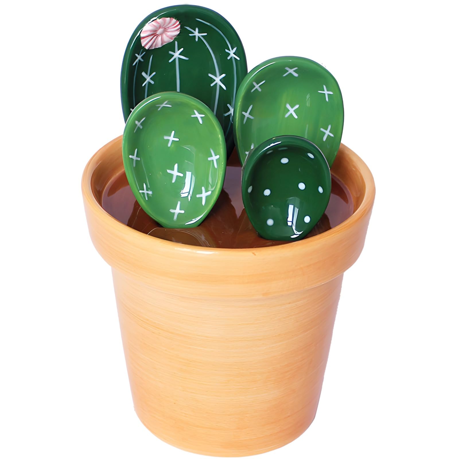 Packool Cactus Measuring Spoons Set, Cute Ceramic Spoons Porcelain Measuring Cups in Pot for Kitchen Cooking Baking