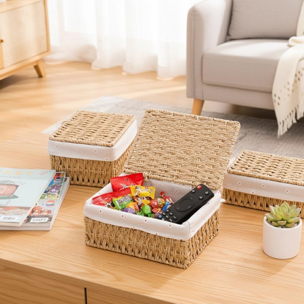 Large Wicker Basket with Lid, Khaki Paper Rope Woven Storage Box with Removable Liner, Stackable Shelf Bin for Bathroom, Closet, Nursery