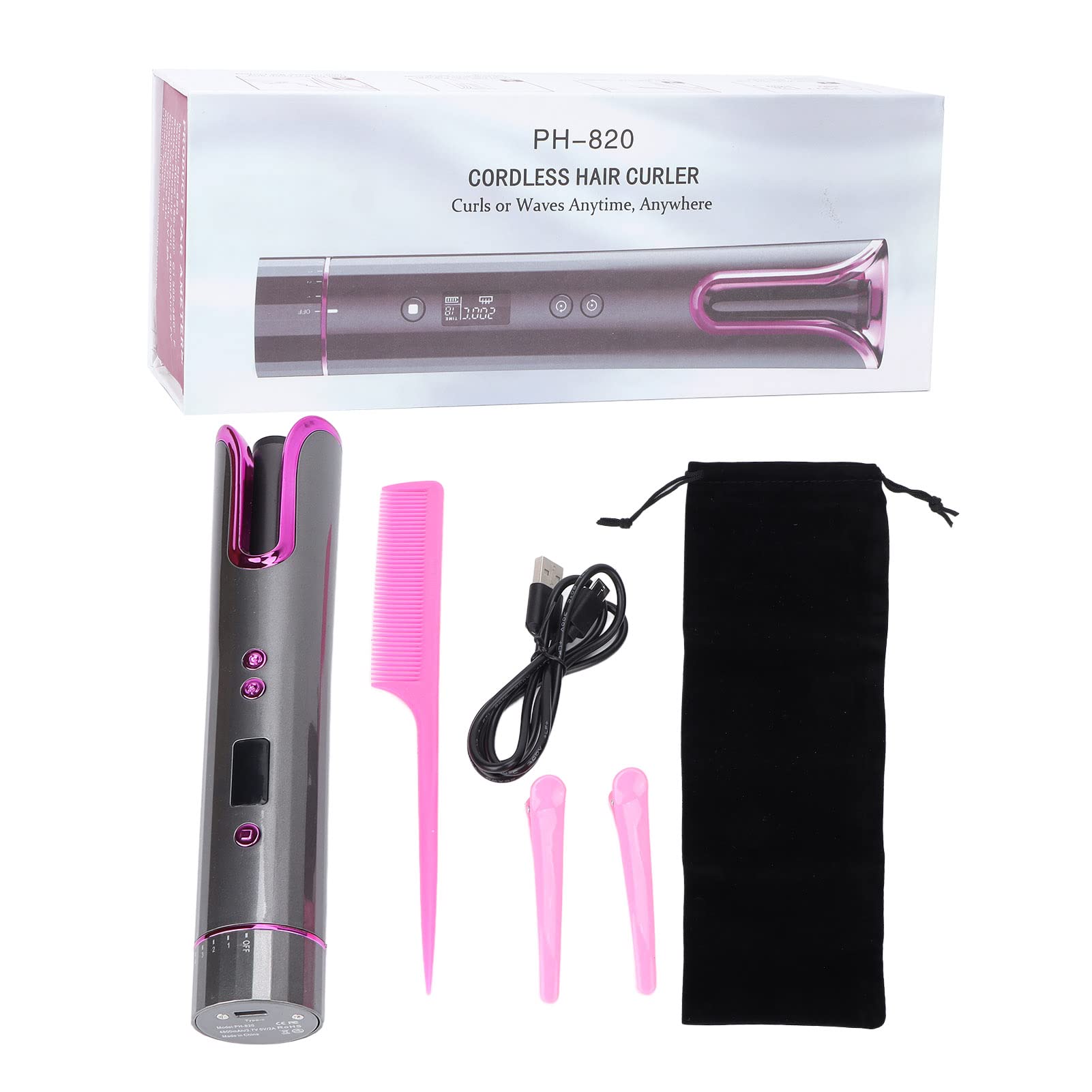 Rizador automático inalámbrico, temperatura ajustable, varita rizadora de barril de cerámica giratoria recargable portátil, calentamiento rápido for peinar el cabello