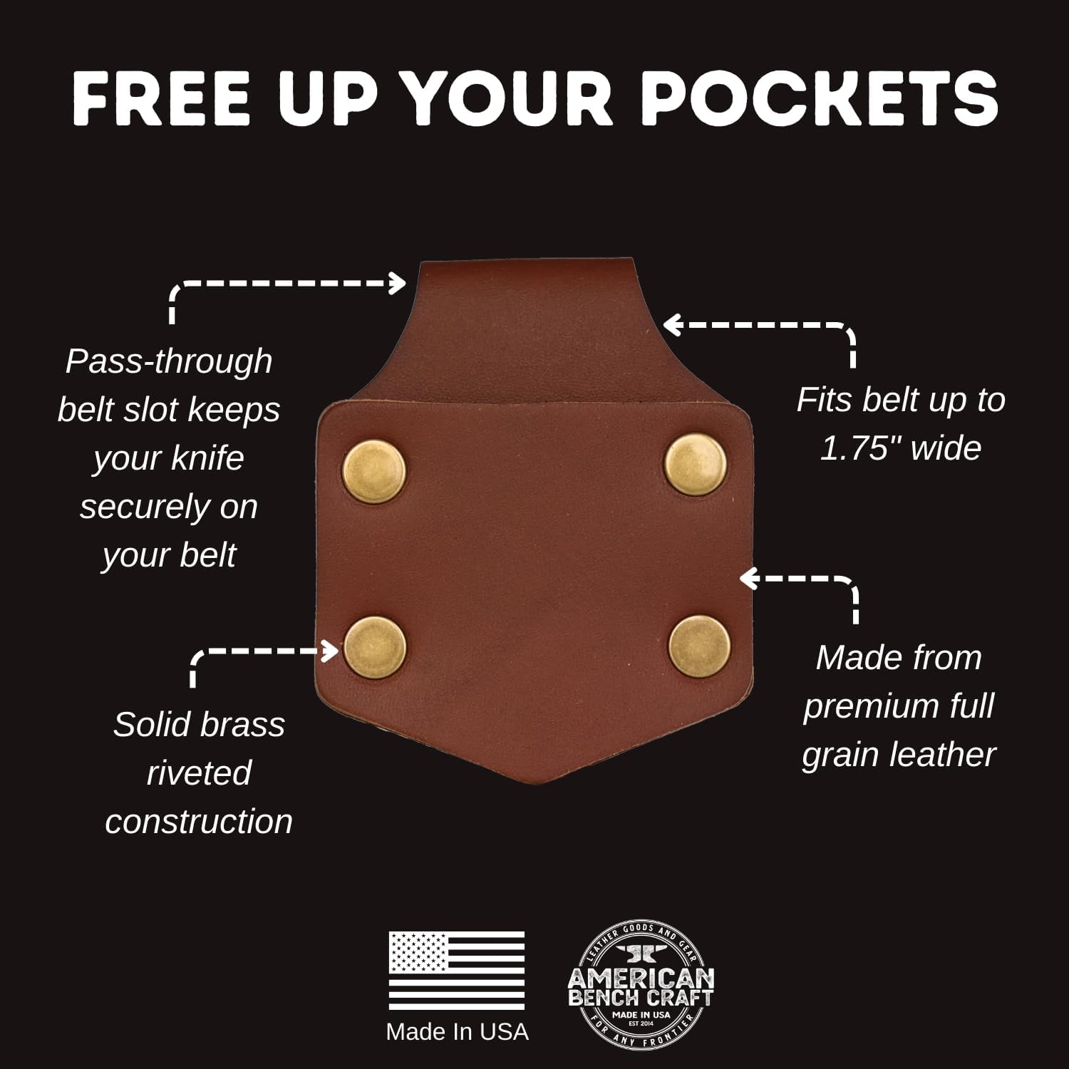American Bench Craft Leather Pocket Knife Sheath – USA Made Fixed Belt Loop EDC Knife Holster – Knife NOT Included - Made in USA