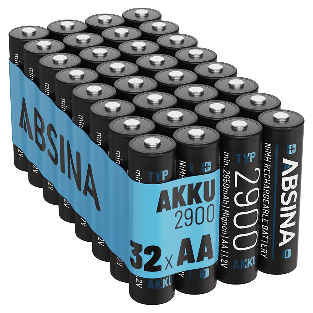 ABSINA Akumulator AA Mignon 2900-32x NiMH do ponownego ładowania bateria AA z min. 2650 mAh & 1,2 V – akumulatory AA do urządzeń o dużym zużyciu energii - baterie AA idealne do lampy błyskowej, Wii & Xbox Controller | Zestaw 32 baterii AA do urządzeń o wy
