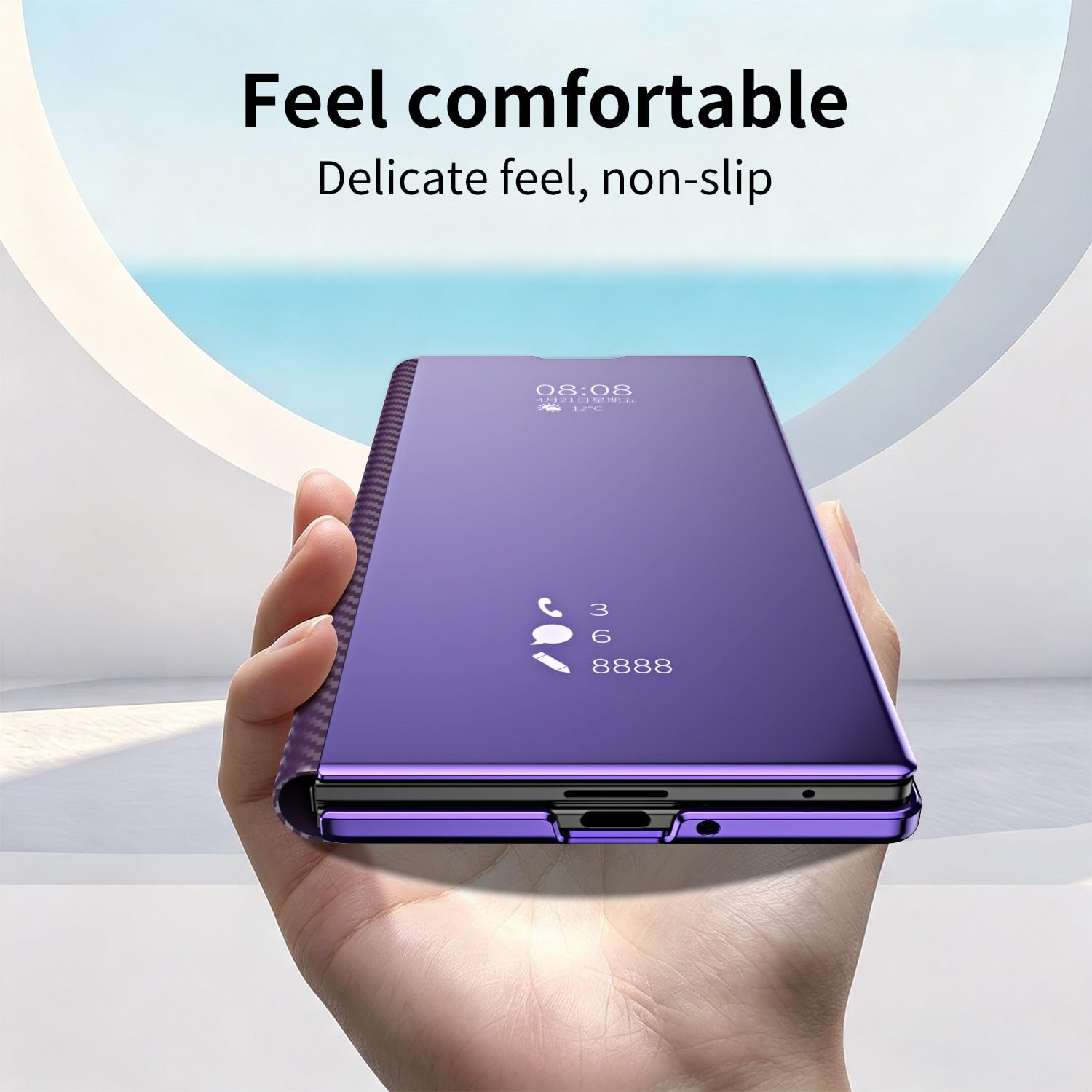 Generic Funda compatible con Samsung Galaxy Z Fold 6 (color: dorado) de fibra de carbono magnética con espejo trasero duro Smart View Flip Stand Case