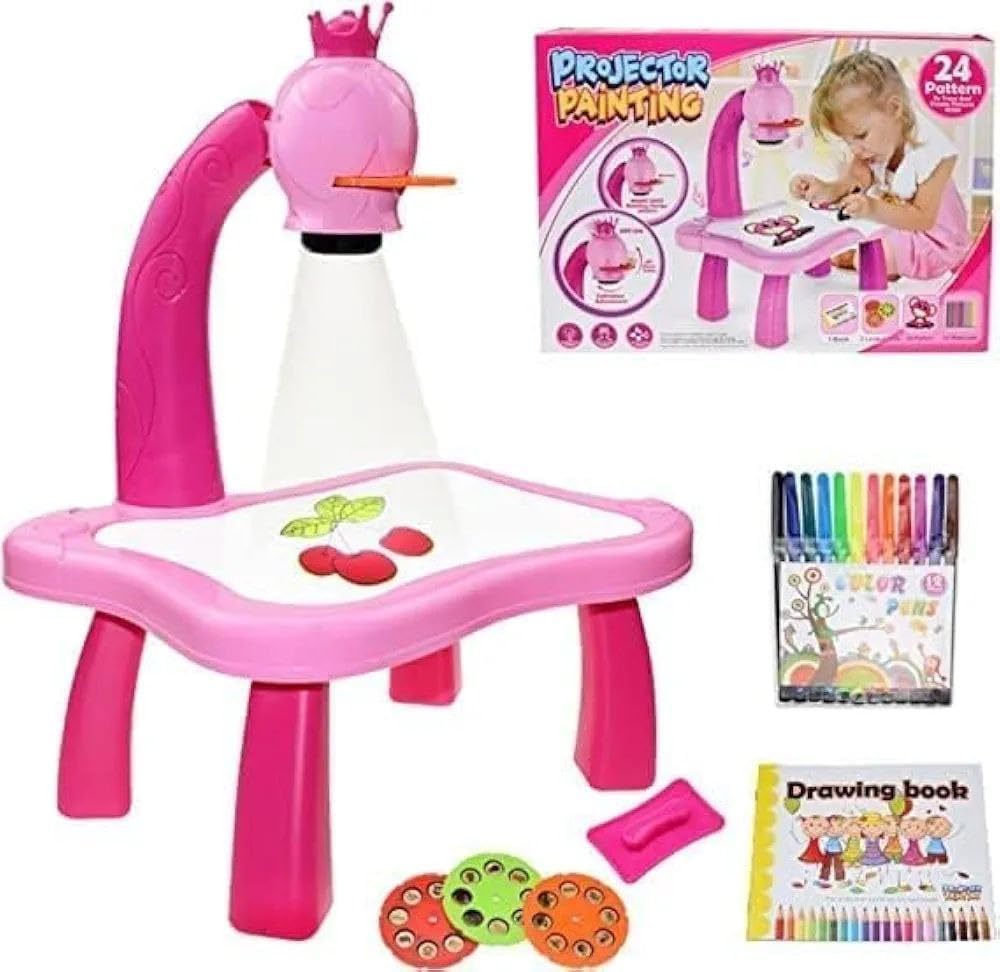 The Pampam Kids Drawing Projector Table Set with Light & Music, Art Desk with 24 Patterns, Learning Sketcher for Ages 3+, Pink-image-7