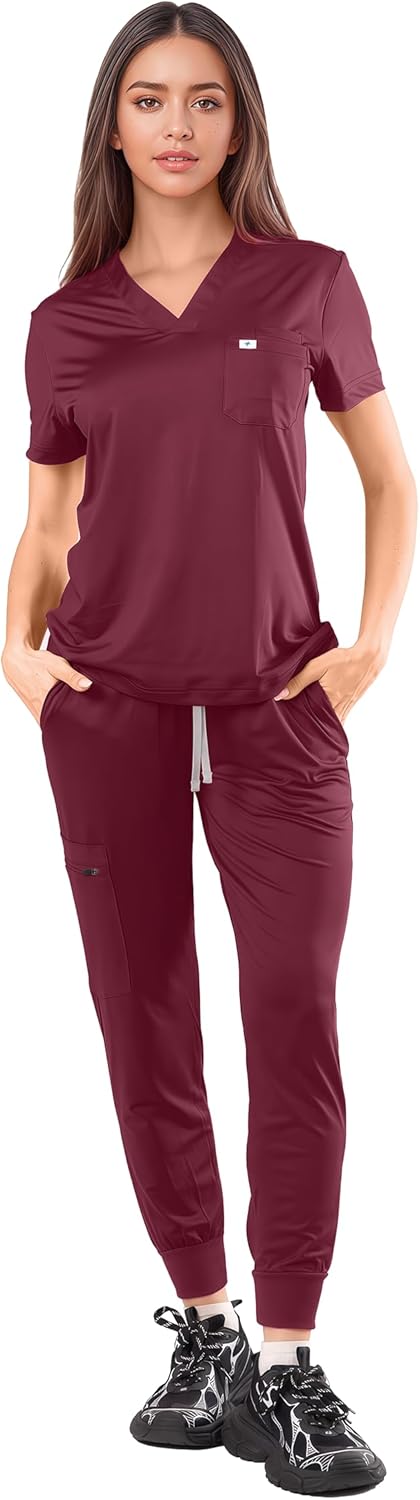 Meidiero Scrubs for Women - V-Neck Top & Stretchy Jogger Pants Scrubs Set with 5 Pockets