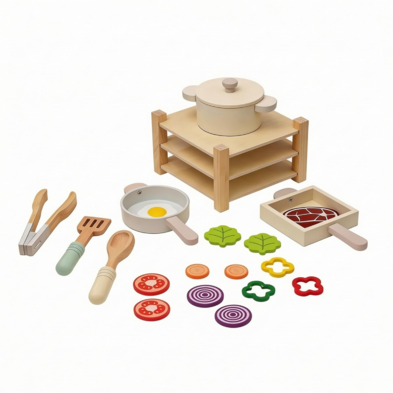 Dînette en Bois avec Étagère D'imitation Équipement Culinaire Cuisine en Bois Éducatif Ensemble Cuisine avec Casseroles et Poêles pour Enfants
