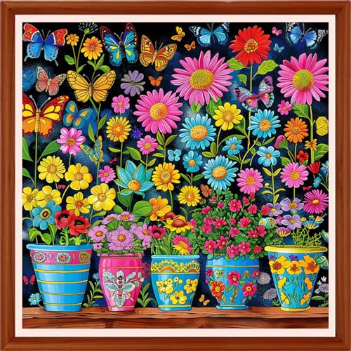 Image of Hopeart Stamped Cross Stitch Kits for Beginner Embroidery Kits for Beginners Adults DIY 11CT Cross Stitch Patterns Needlepoint Kits Crossstitching Kits-Colorful Flower Pot 18x18 inchs