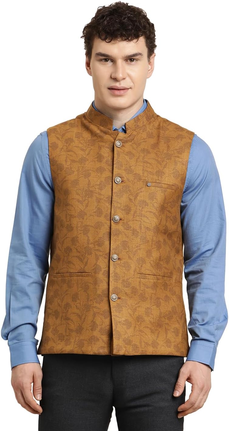 Turtle Nehru Mens Brown Printed Polycotton Party Jacket