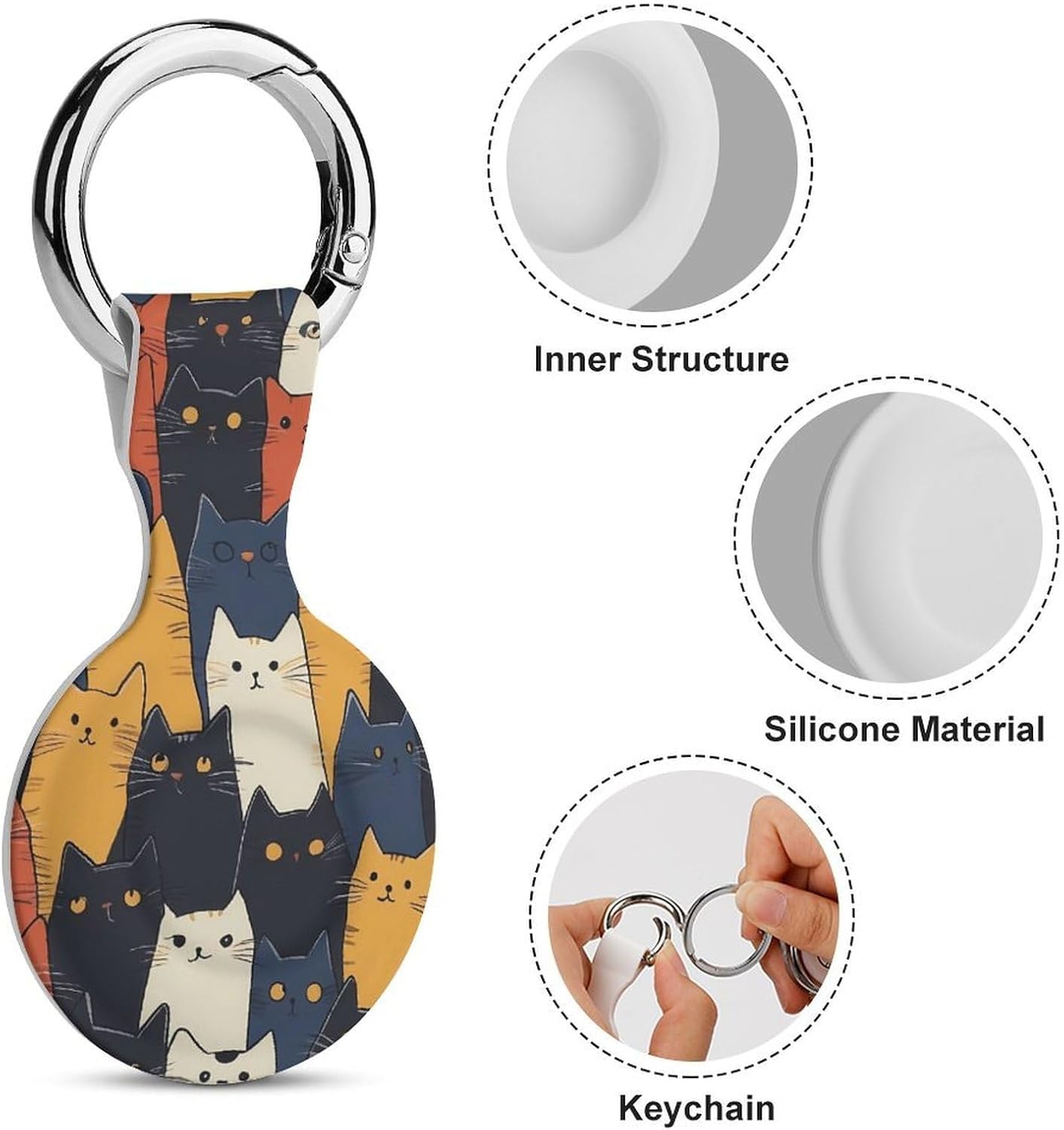 Colorful Cartoon Cats Pattern Funny Cover Compatible with AirTag Case Protector GPS Tracker Holder with Keychain