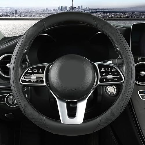 Car Steering Wheel Cover, Leather Steering Wheel Cover Black Universal 14.5-15 Inch Microfiber Leather Anti-Slip Breathable Auto Steering Wheel Covers Accessories for Men Women