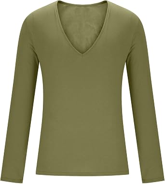 Mens Deep V Neck T-Shirts Long Sleeve Thermal Undershirt Stretch Underwear Muscle Fit Low Cut Workout Slim Fit Top