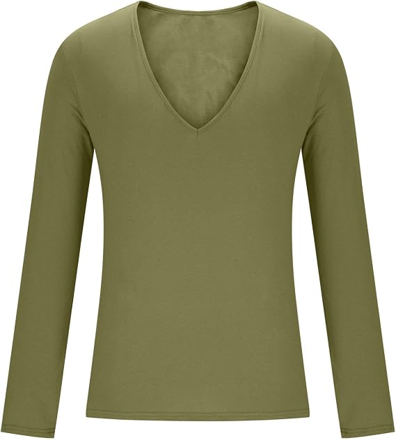 Mens Deep V Neck T-Shirts Long Sleeve Thermal Undershirt Stretch Underwear Muscle Fit Low Cut Workout Slim Fit Top